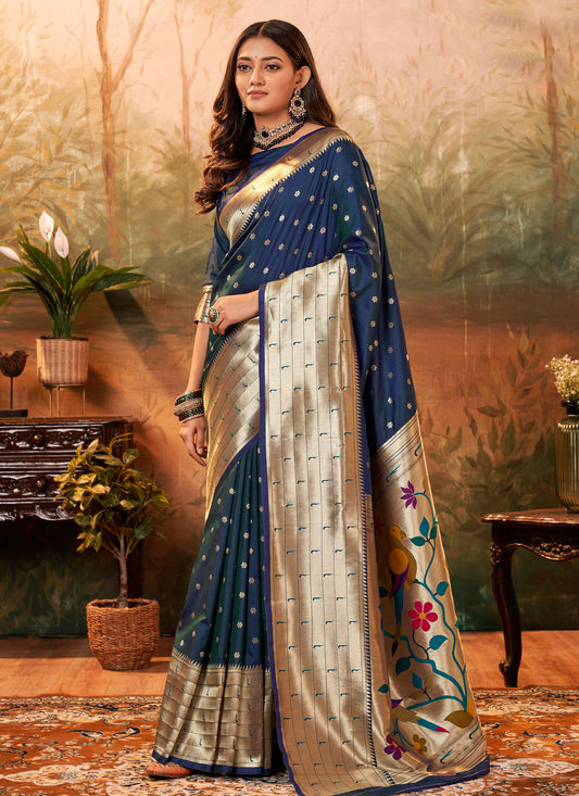 Paithani Silk Classic Saree With Woven Work In Navy Blue