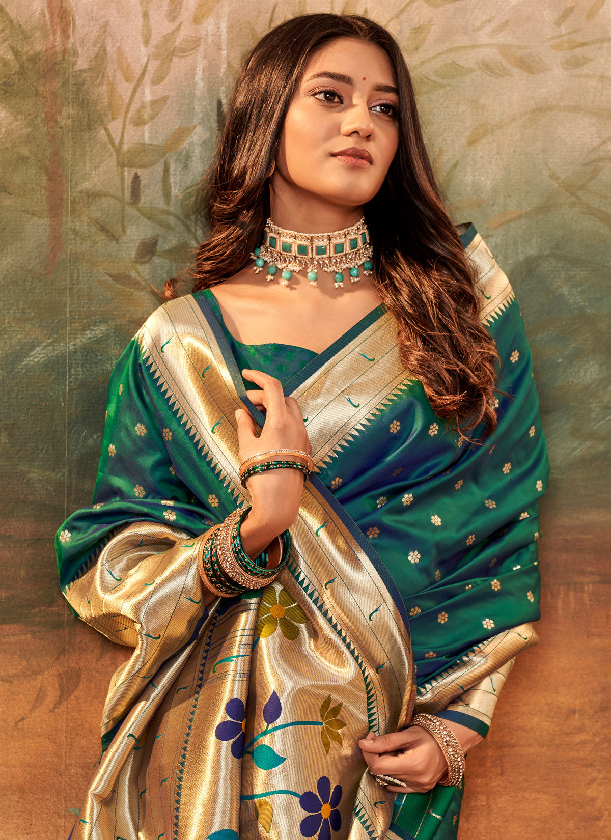 Paithani Silk Classic Saree With Woven Work In Bottle Green