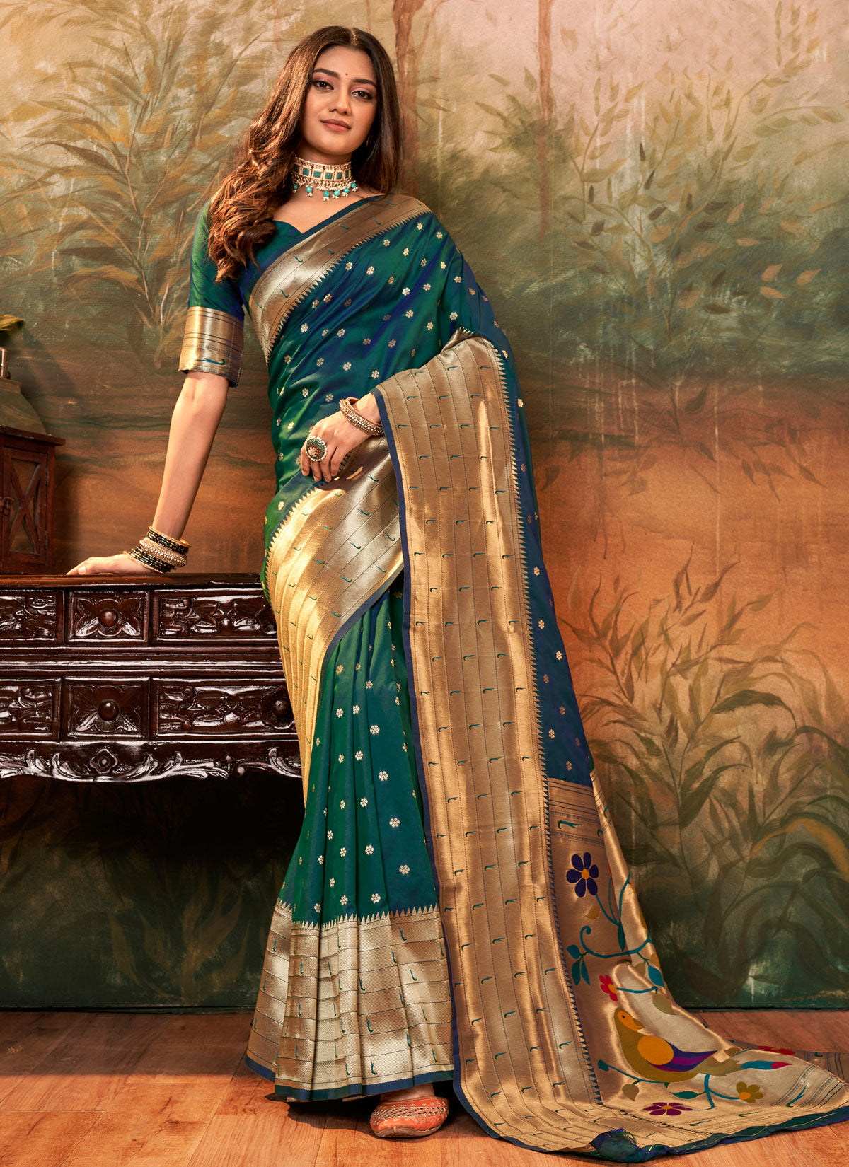 Paithani Silk Classic Saree With Woven Work In Bottle Green