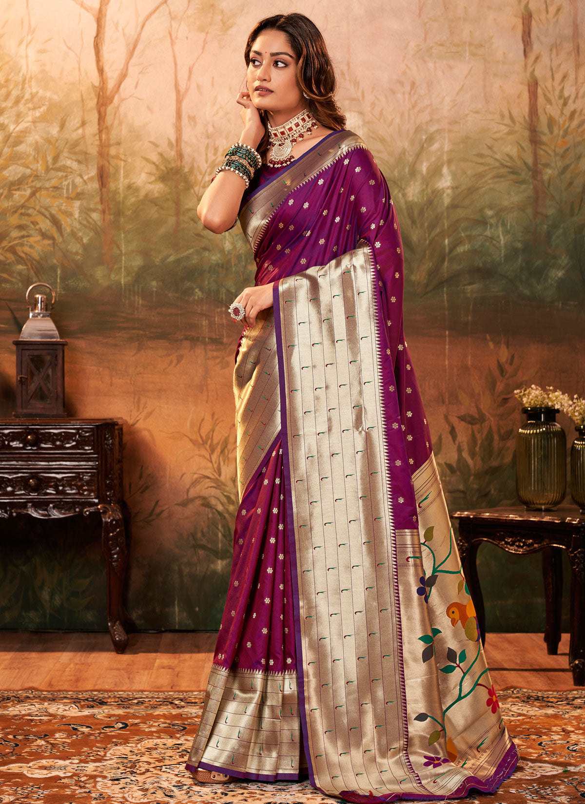 Paithani Silk Classic Saree In Purple With Woven Work For Festival