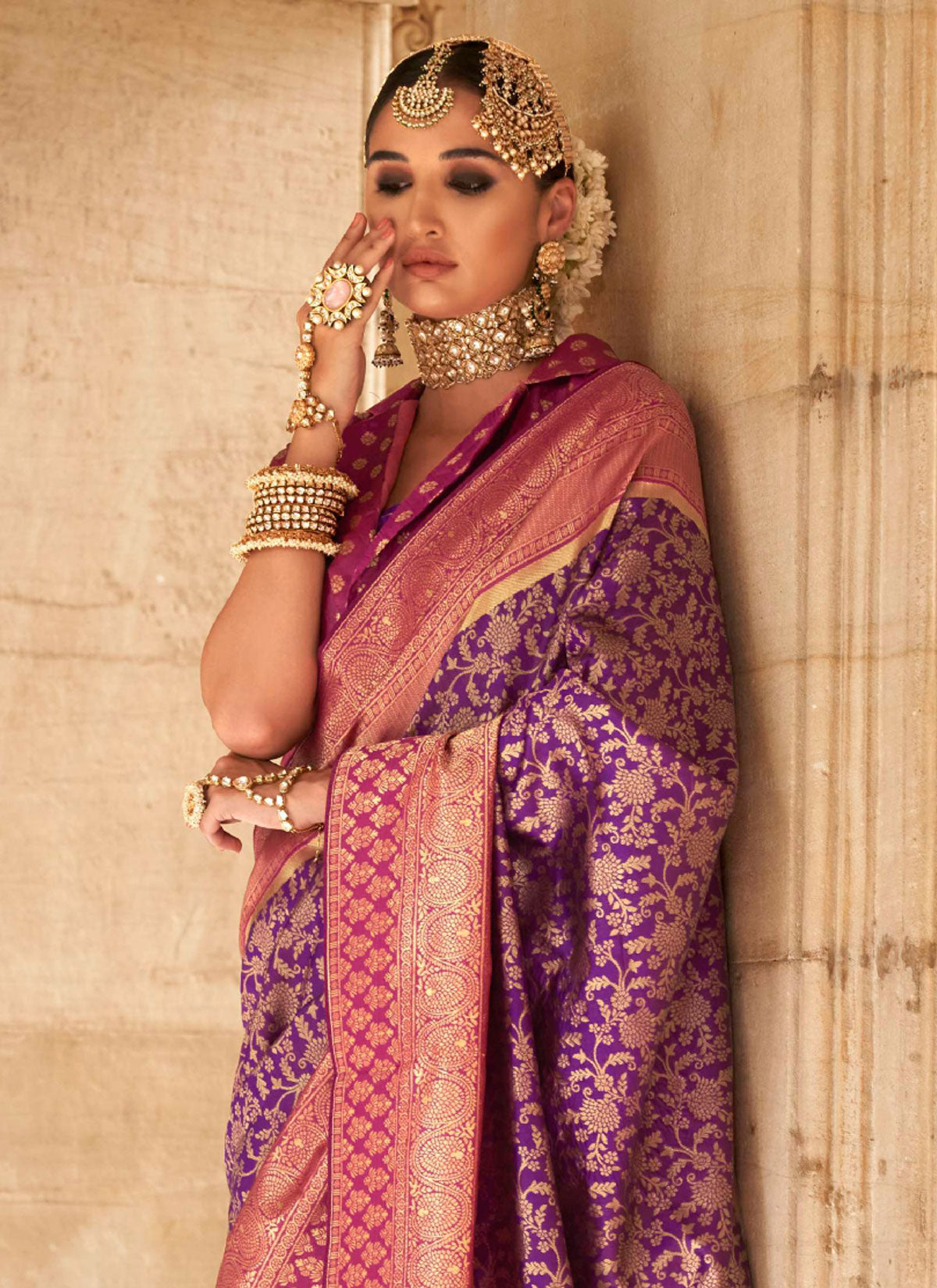 Woven Work Banarasi Silk Traditional Saree In Purple And Rose Pink