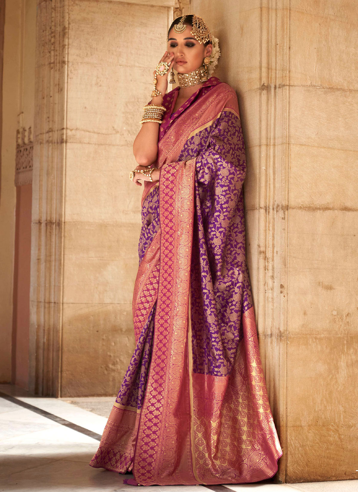 Woven Work Banarasi Silk Traditional Saree In Purple And Rose Pink