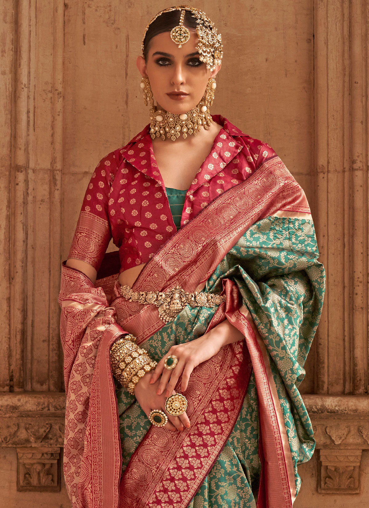 Woven Work Classic Saree For Festival In Green And Red