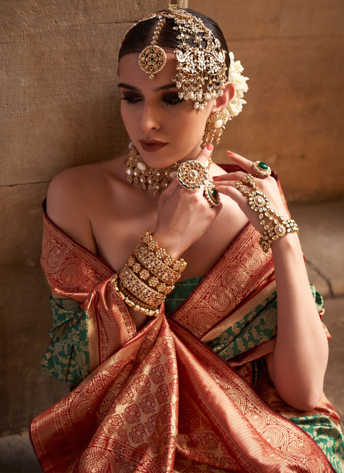 Woven Work Classic Saree For Festival In Green And Red