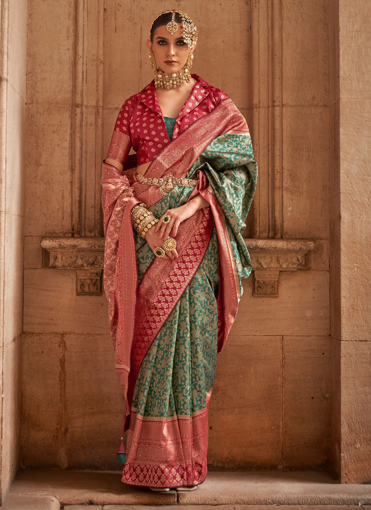 Woven Work Classic Saree For Festival In Green And Red