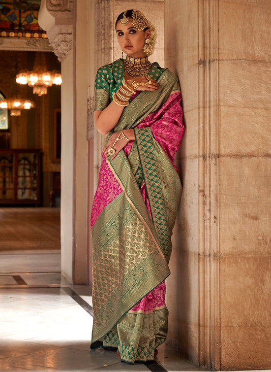 Rose Pink And Green Banarasi Silk Classic Saree With Woven Work
