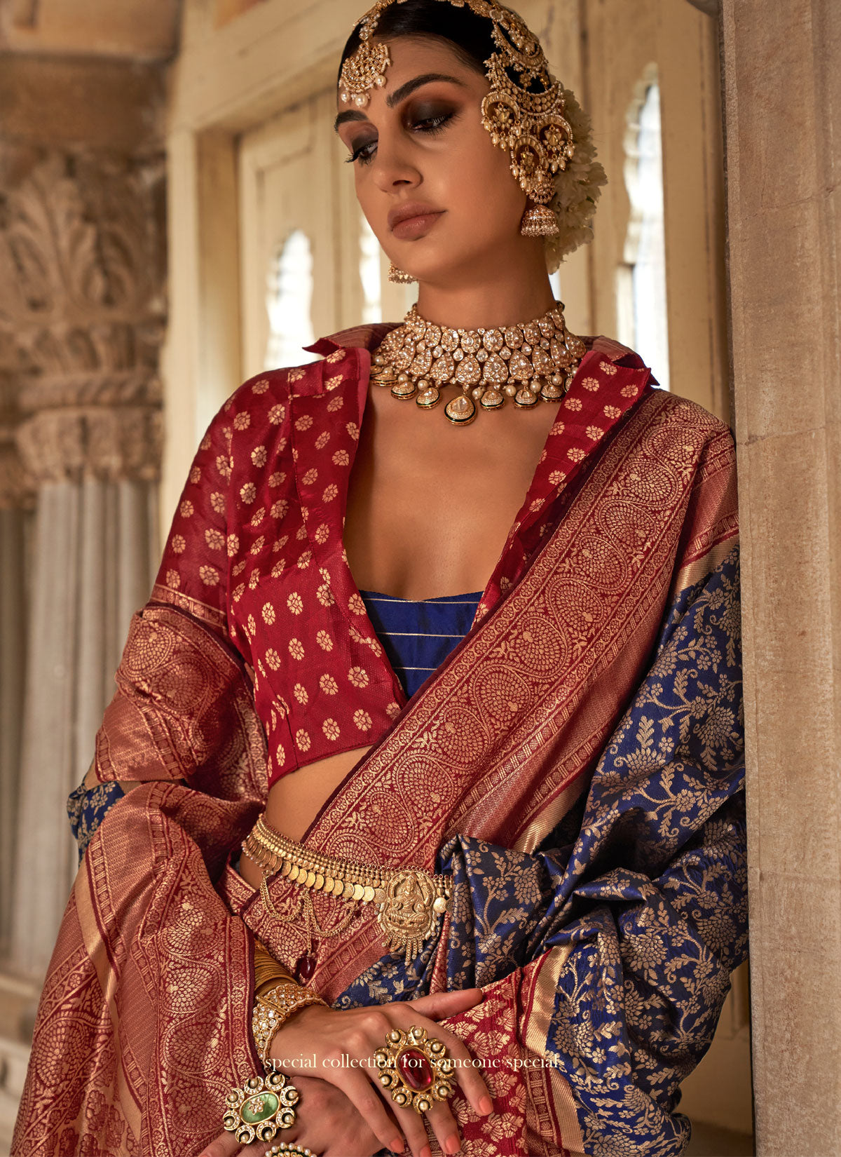 Woven Work Classic Saree For Festival In Navy Blue And Red