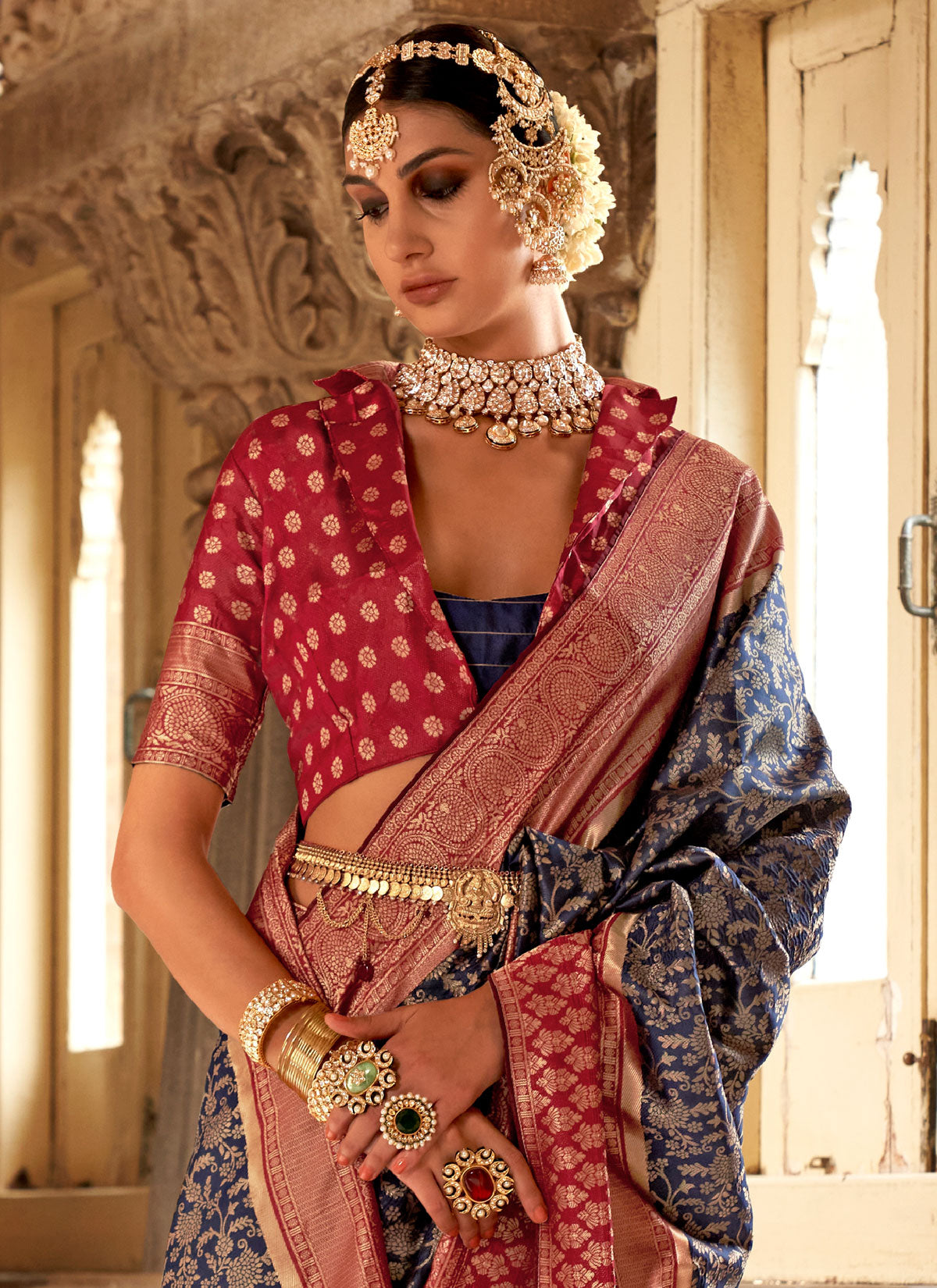 Woven Work Classic Saree For Festival In Navy Blue And Red