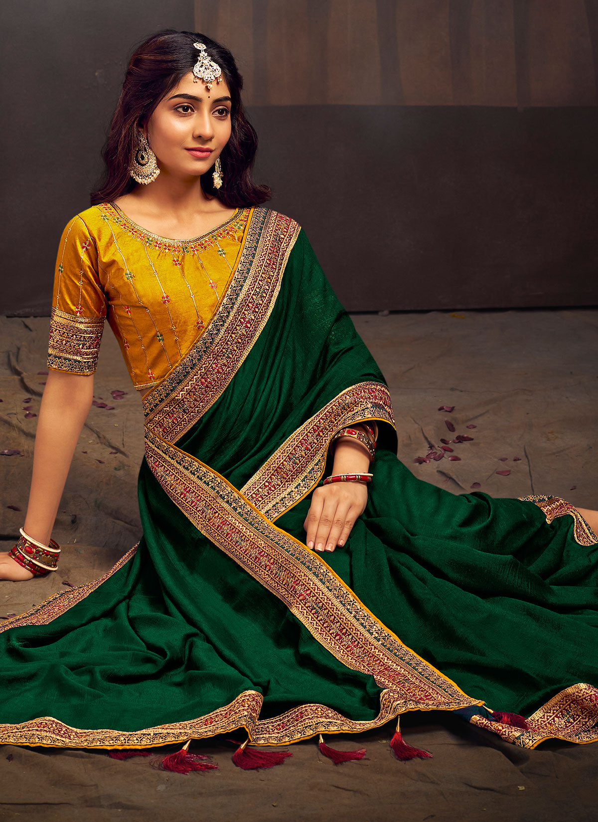 Resham Work Vichitra Silk Traditional Saree In Green For Women