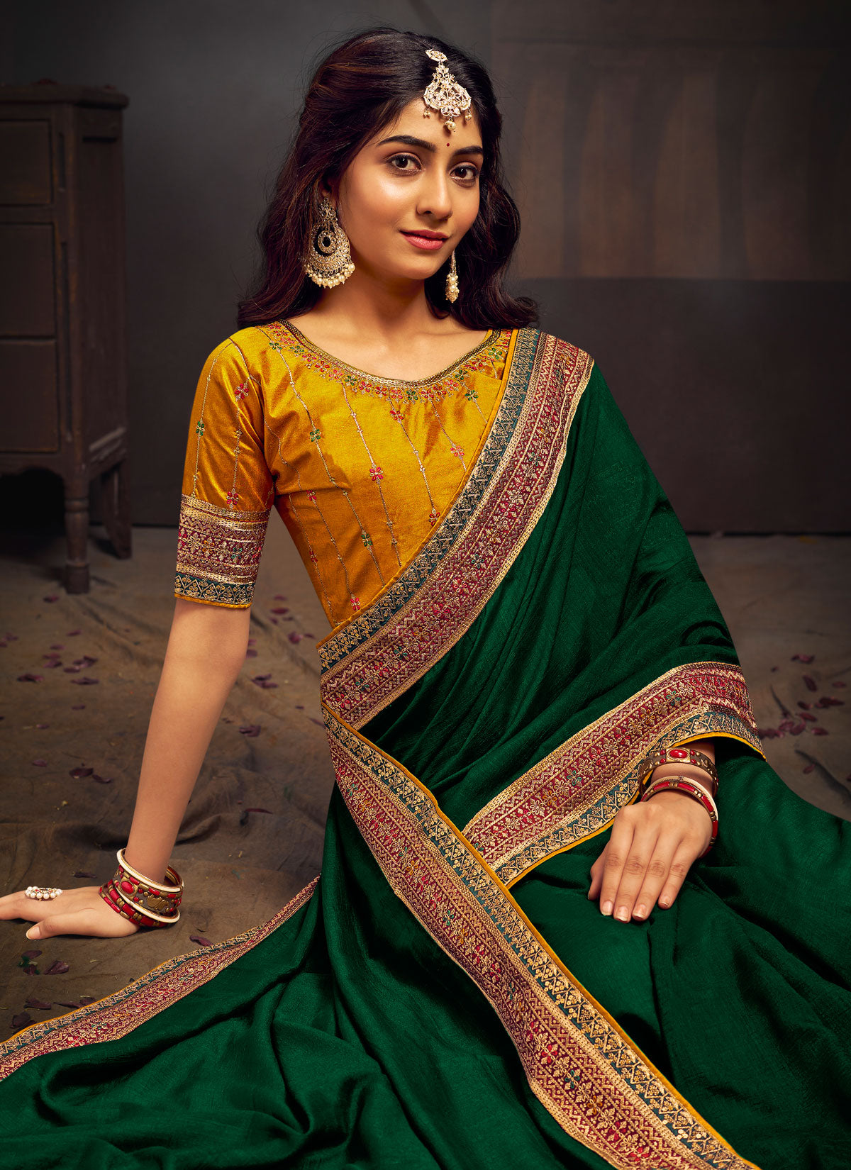 Resham Work Vichitra Silk Traditional Saree In Green For Women