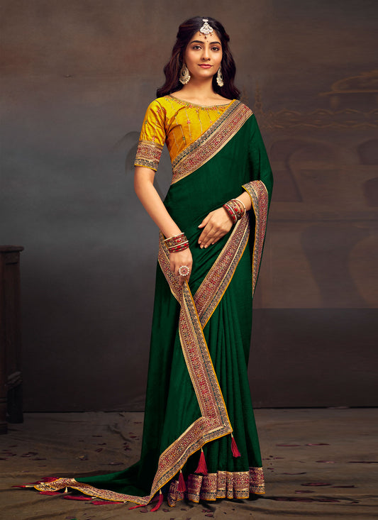 Resham Work Vichitra Silk Traditional Saree In Green For Women