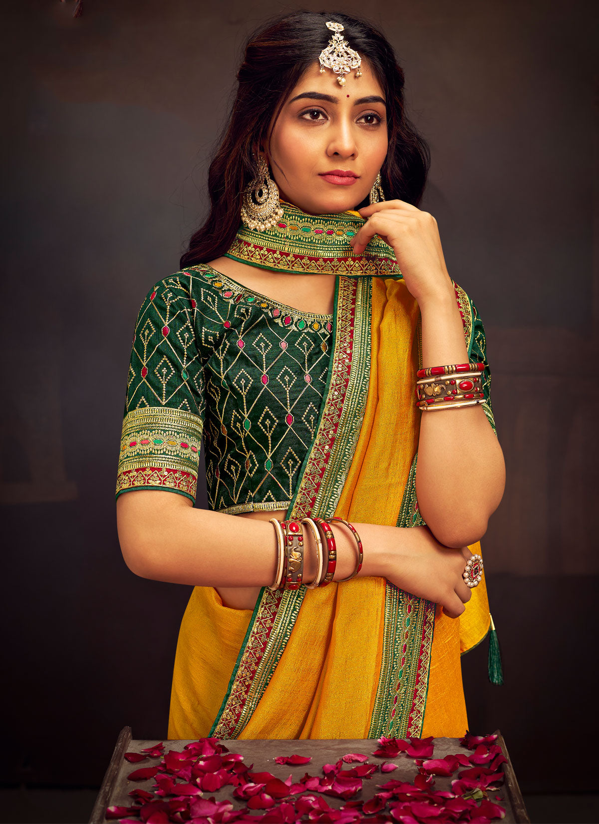 Embroidered Work Vichitra Silk Traditional Saree In Mustard For Women