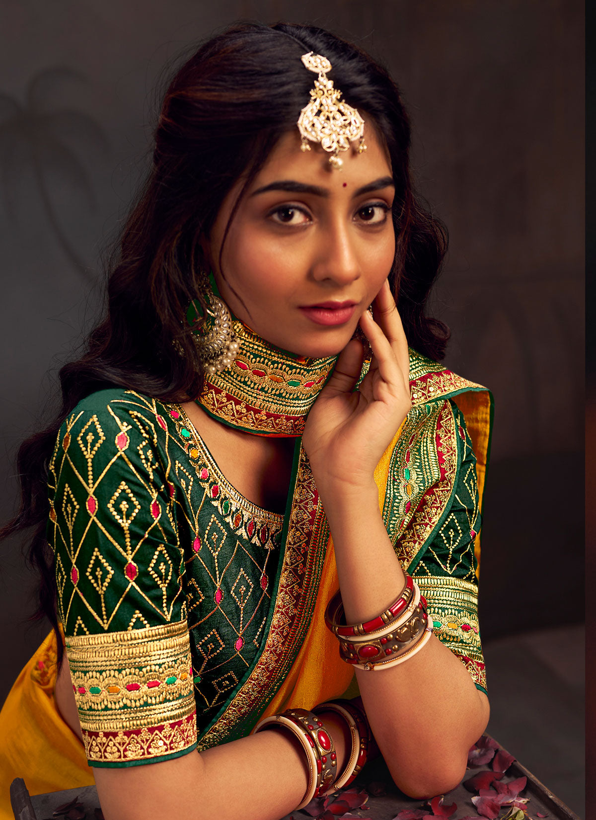 Embroidered Work Vichitra Silk Traditional Saree In Mustard For Women