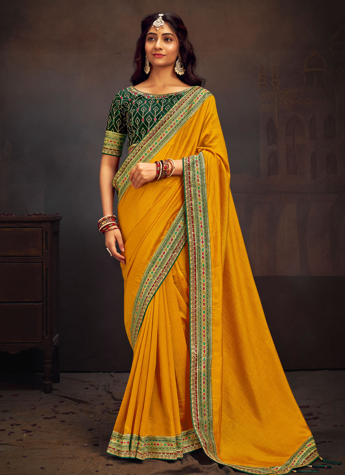 Embroidered Work Vichitra Silk Traditional Saree In Mustard For Women