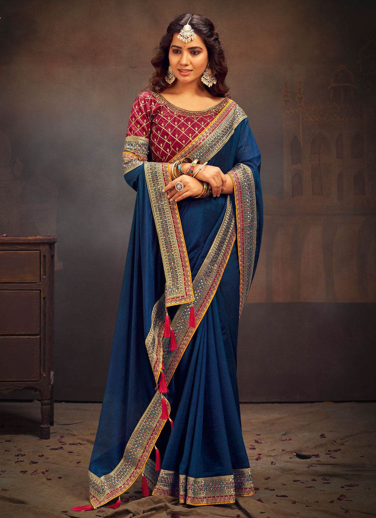 Embroidered Work Vichitra Silk Traditional Saree In Navy Blue