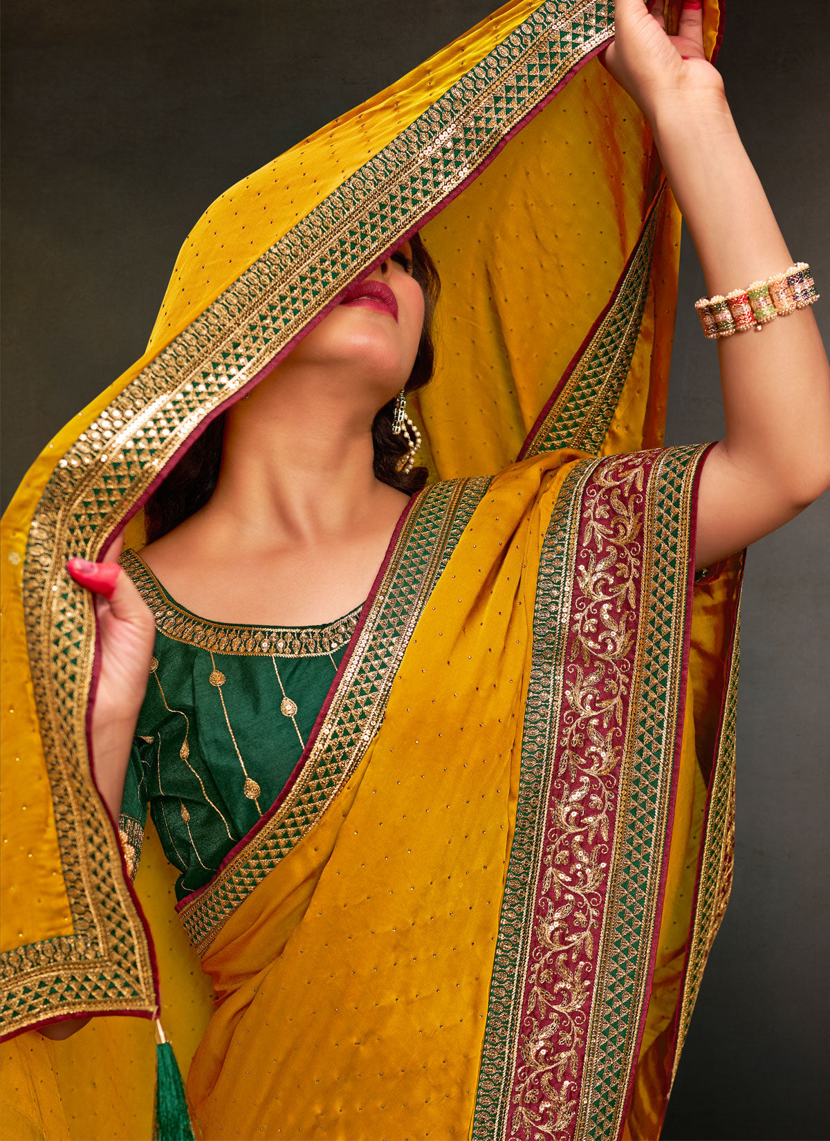 Resham Work Satin Silk Classic Saree In Mustard For Women