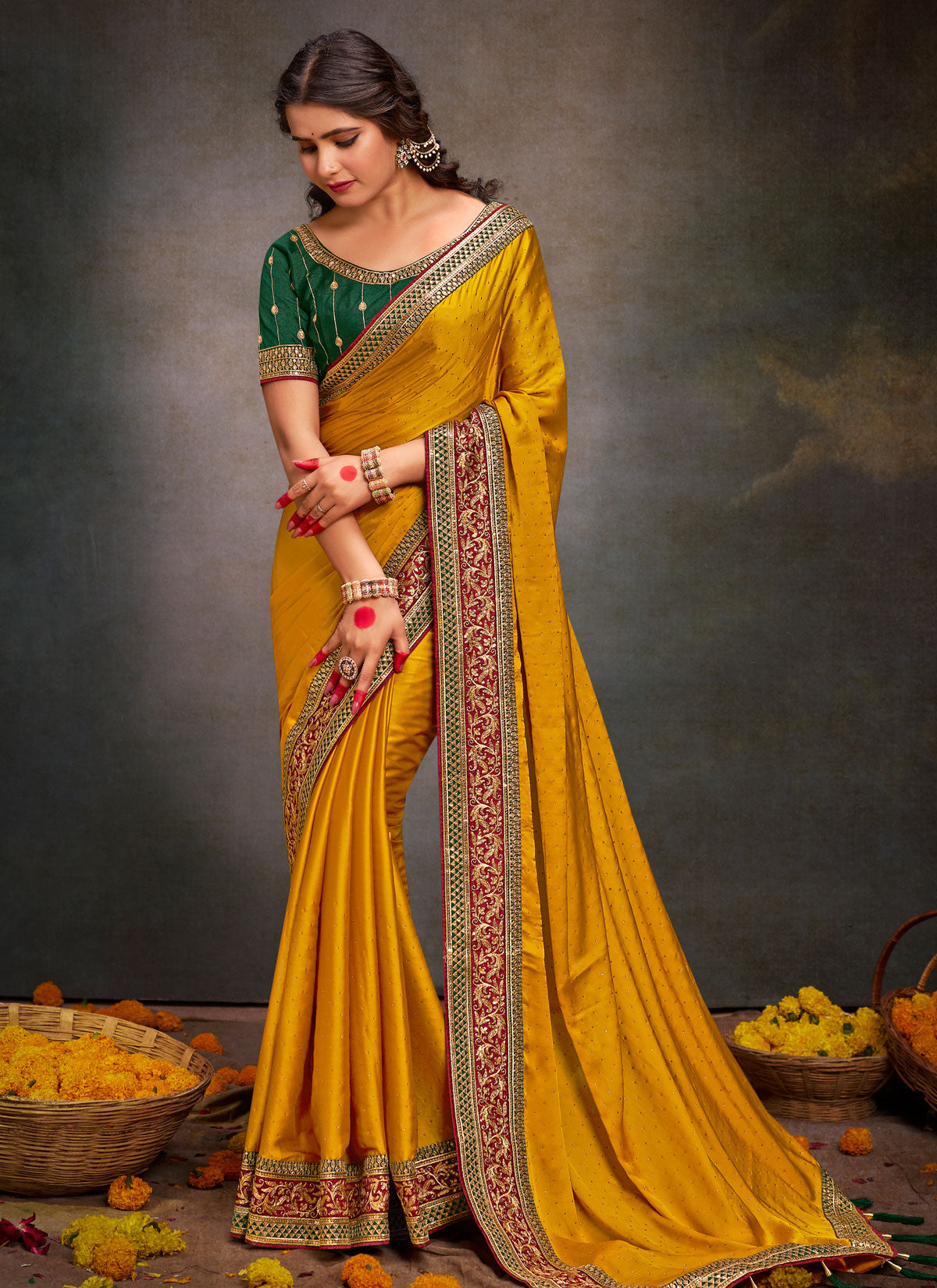 Resham Work Satin Silk Classic Saree In Mustard For Women