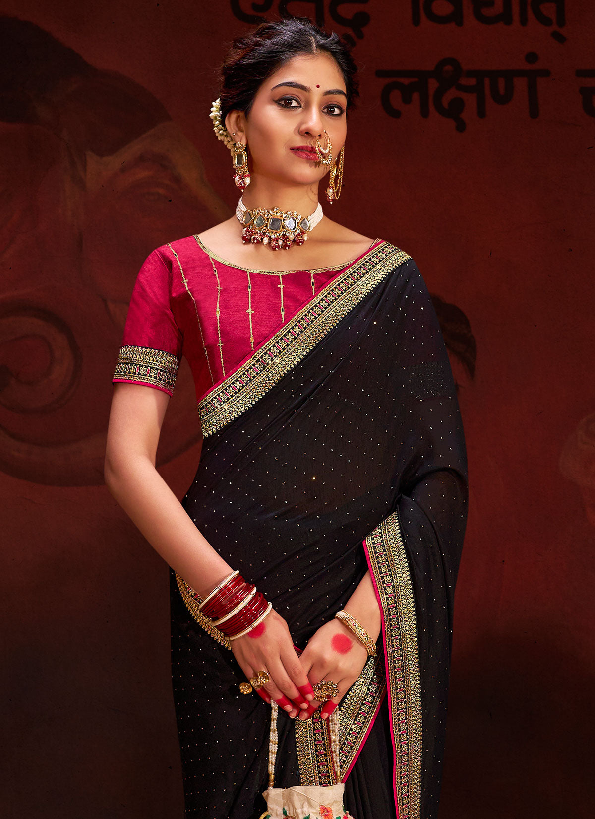 Resham Work Vichitra Silk Traditional Saree In Black For Women