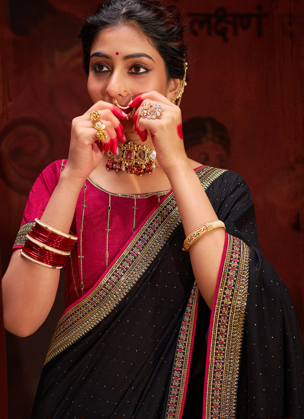 Resham Work Vichitra Silk Traditional Saree In Black For Women