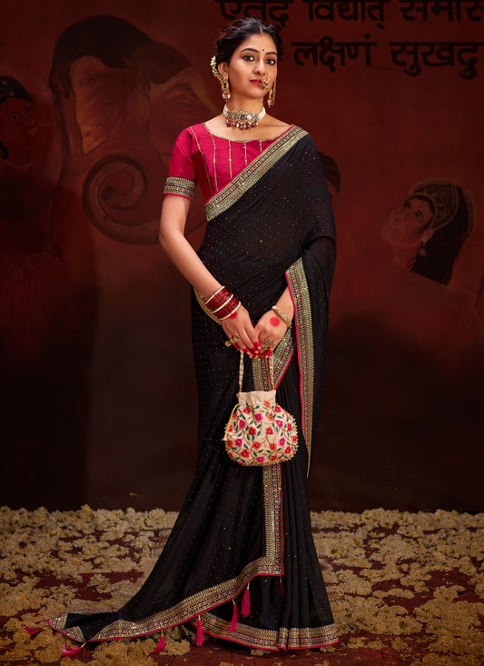Resham Work Vichitra Silk Traditional Saree In Black For Women