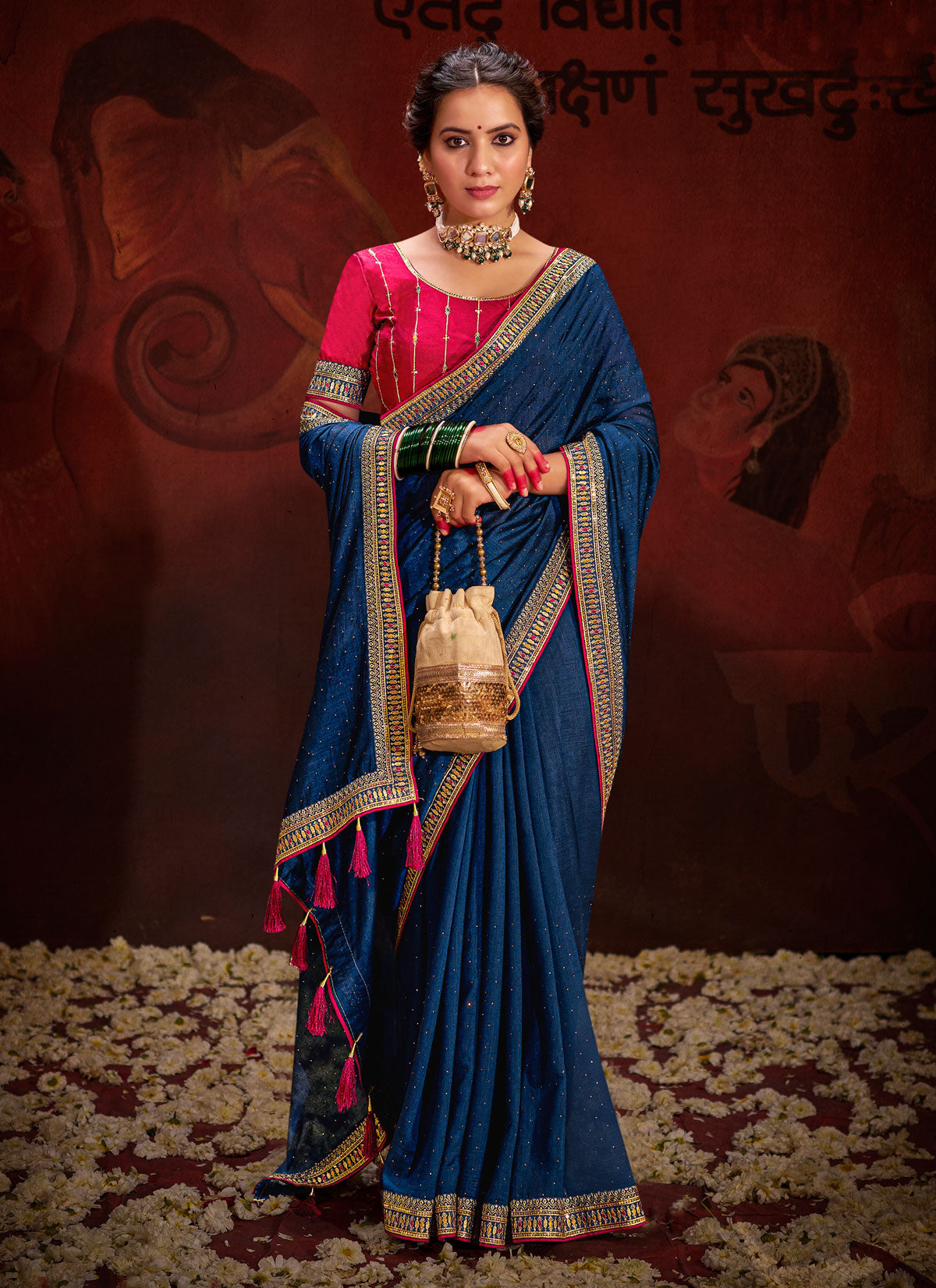 Vichitra Silk Traditional Saree With Resham Work In Navy Blue