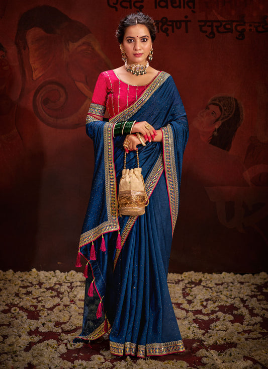 Vichitra Silk Traditional Saree With Resham Work In Navy Blue
