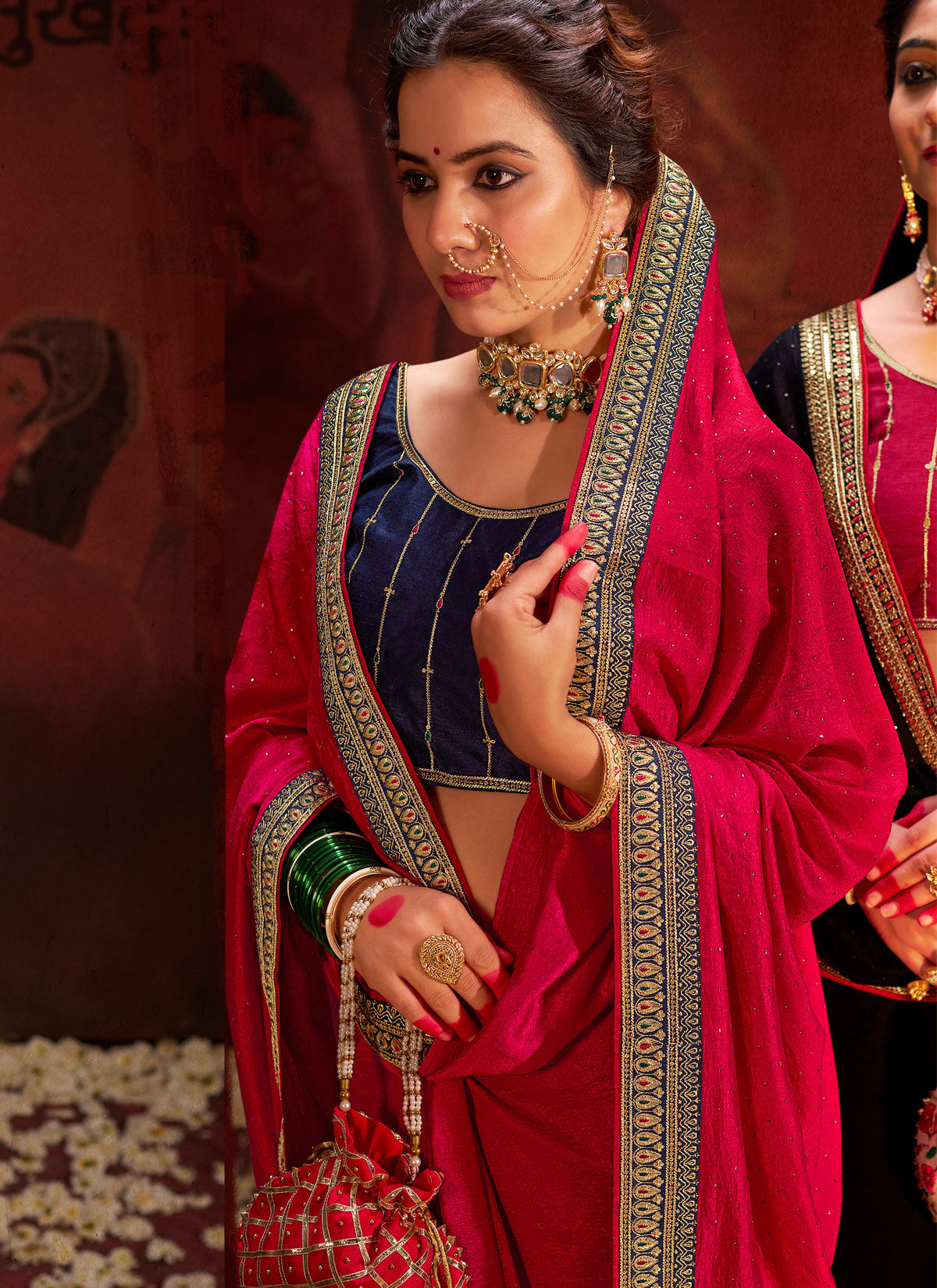 Rose Pink Vichitra Silk Sequins Work Classic Saree For Women