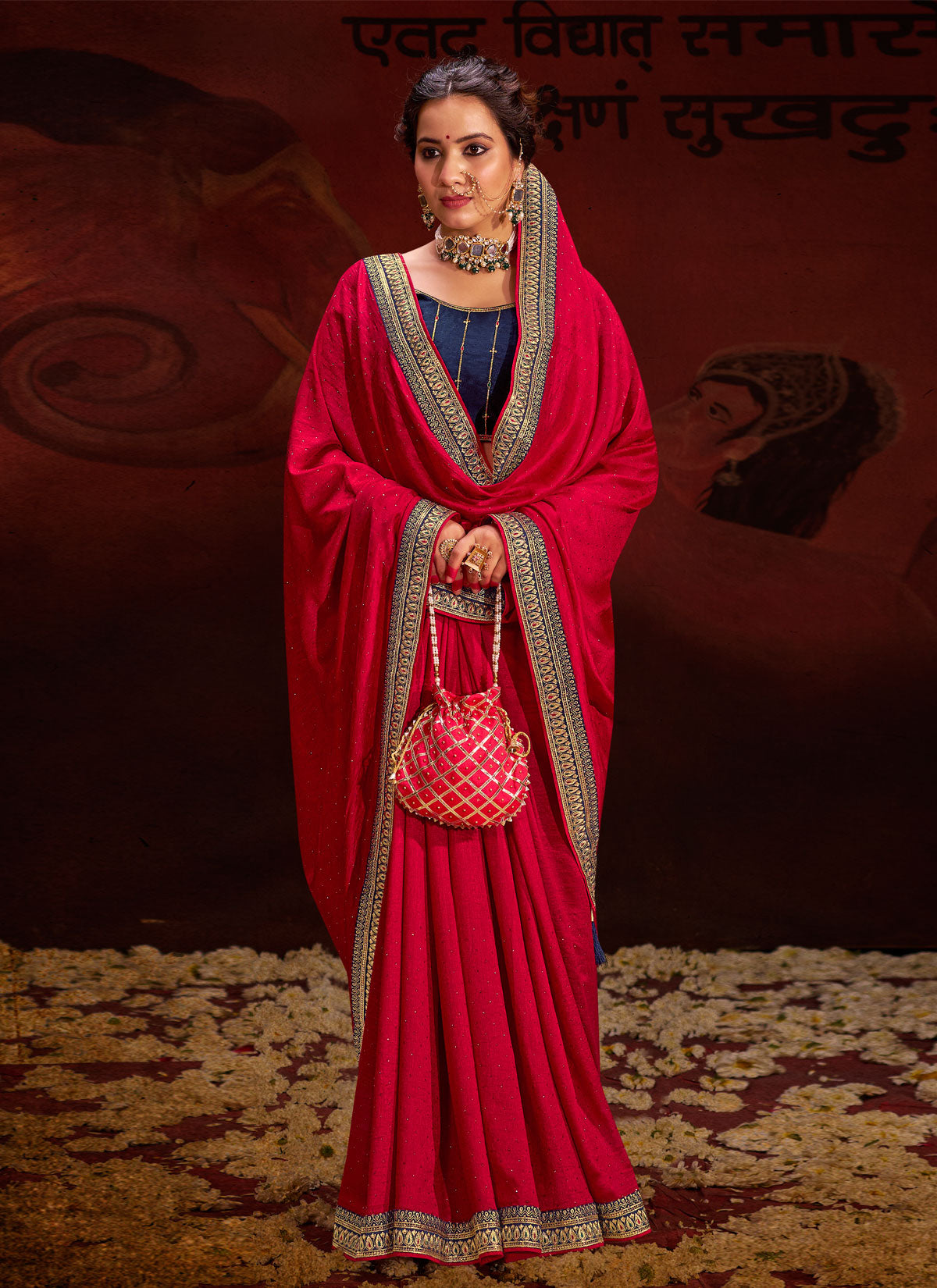 Rose Pink Vichitra Silk Sequins Work Classic Saree For Women