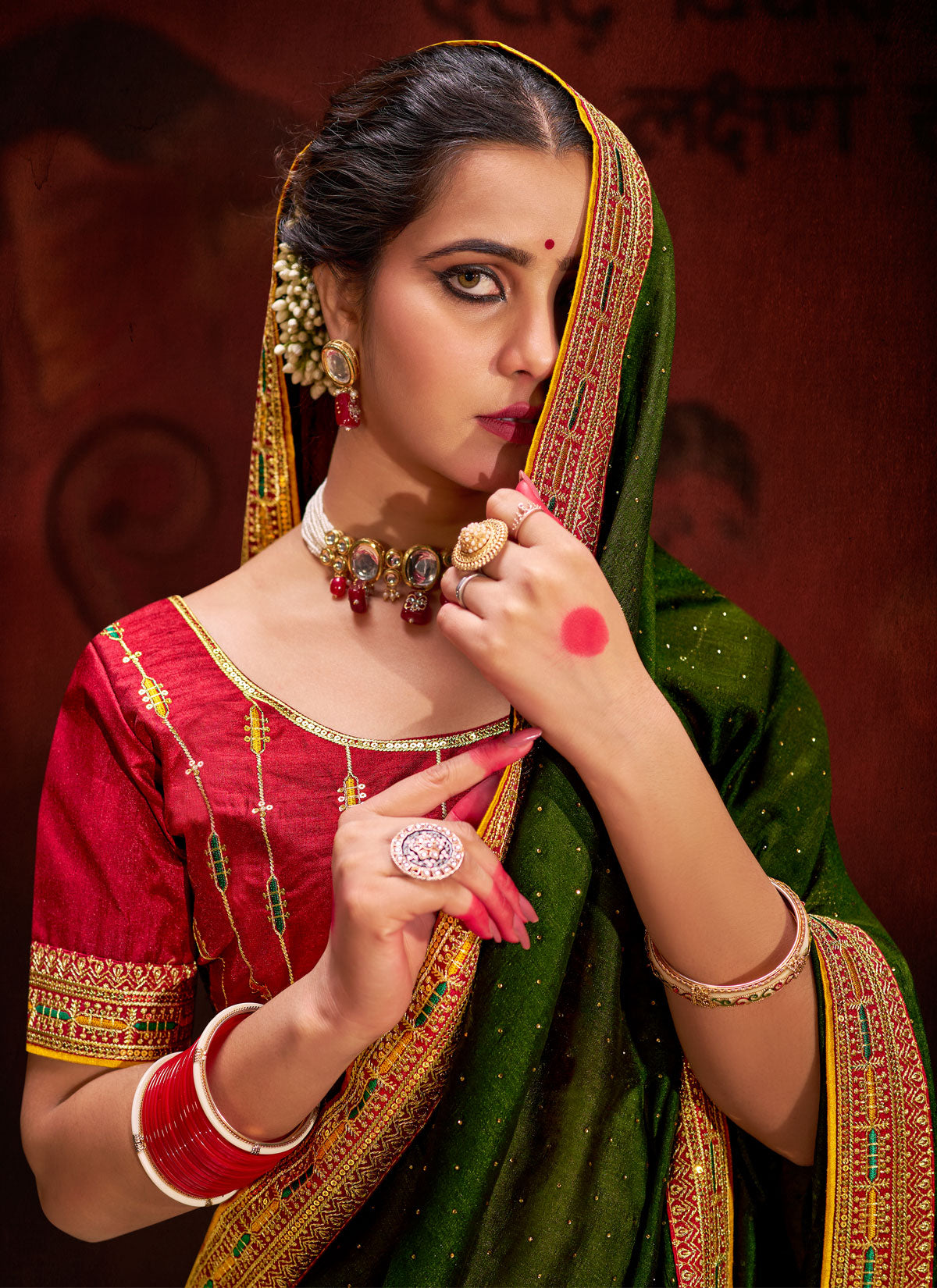 Vichitra Silk Classic Saree In Olive With Resham Work For Ceremonial