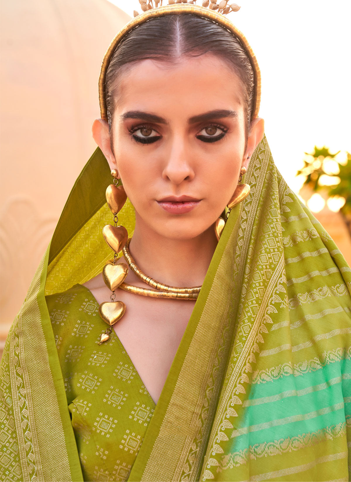 Viscose Silk Traditional Saree In Olive And Turquoise With Print Work