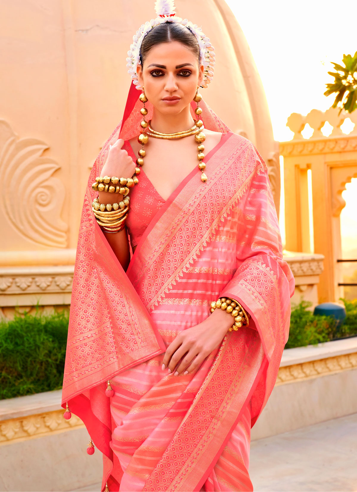 Woven Work Viscose Silk Trendy Saree In Salmon For Women