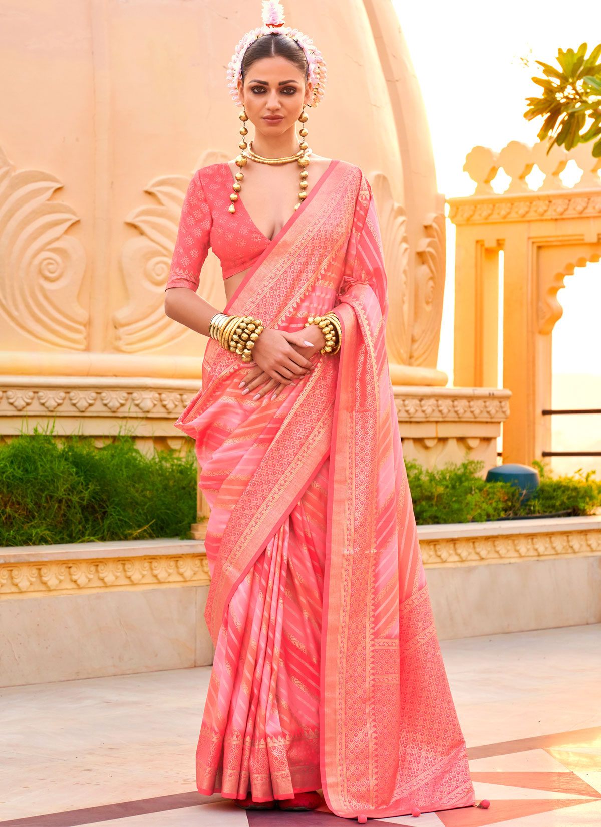 Woven Work Viscose Silk Trendy Saree In Salmon For Women