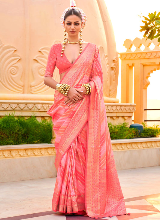 Woven Work Viscose Silk Trendy Saree In Salmon For Women