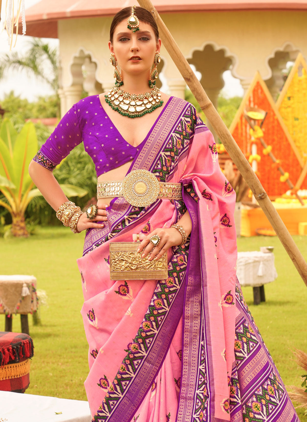 Woven And Print Work Traditional Saree For Ceremonial In Pink