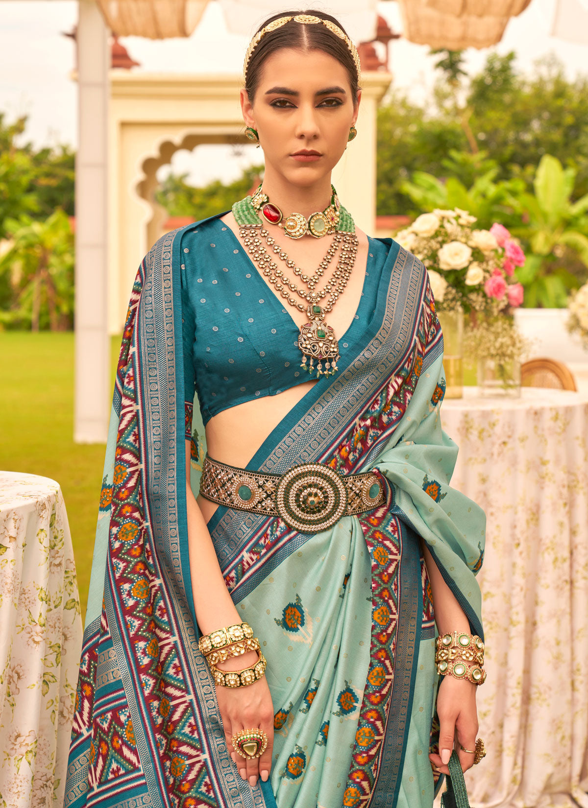 Silk Blend Trendy Saree With Woven Work For Women In Aqua Blue