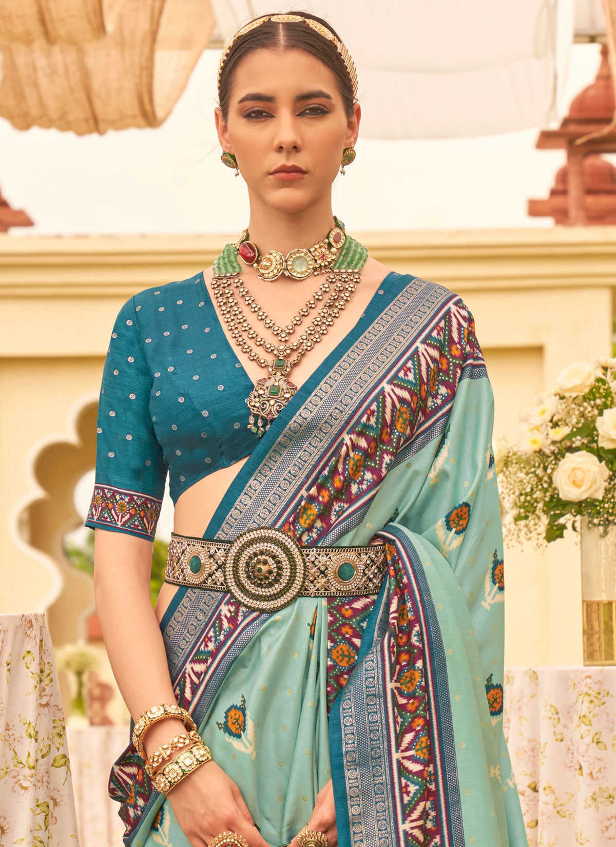 Silk Blend Trendy Saree With Woven Work For Women In Aqua Blue