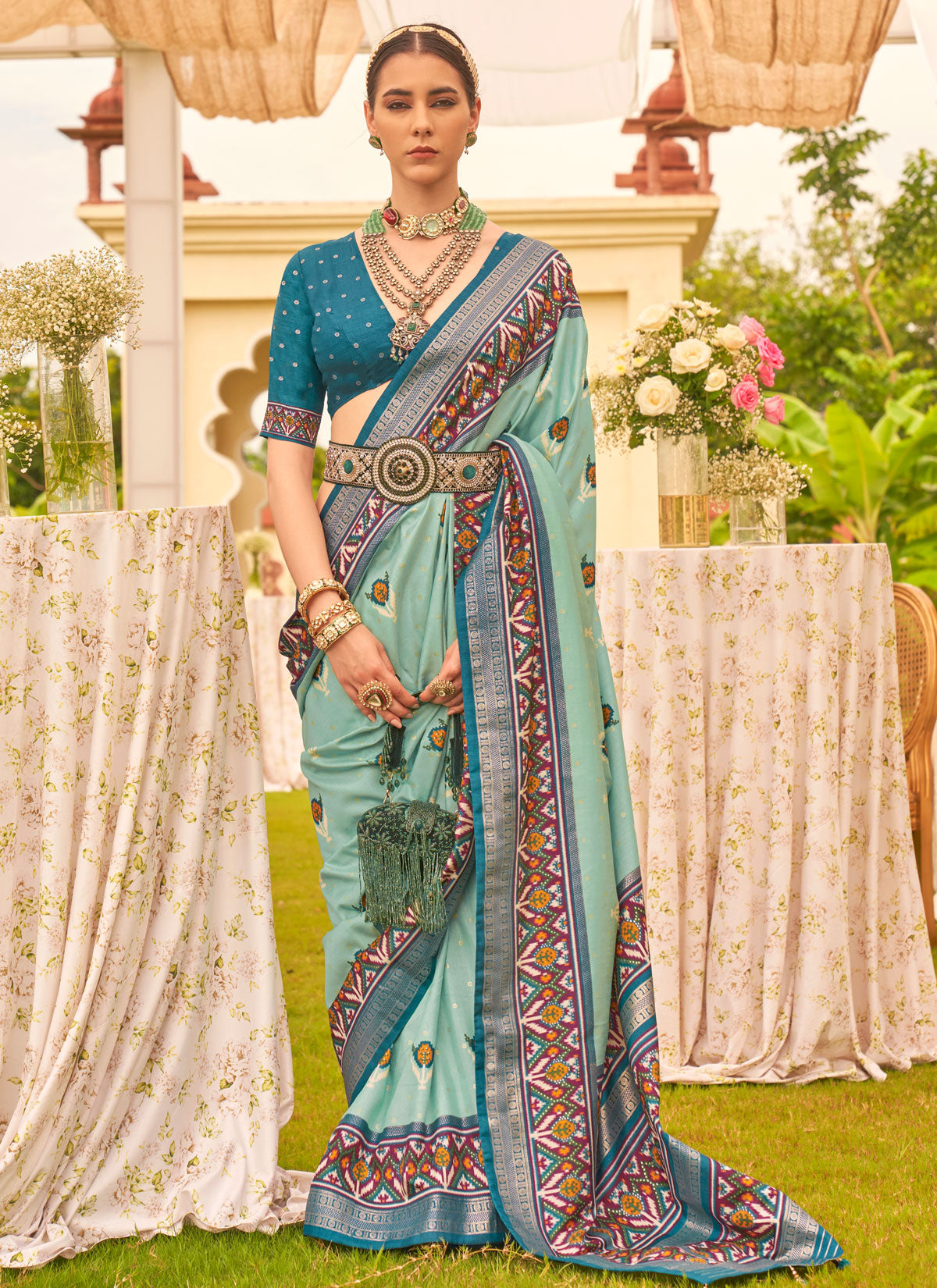 Silk Blend Trendy Saree With Woven Work For Women In Aqua Blue