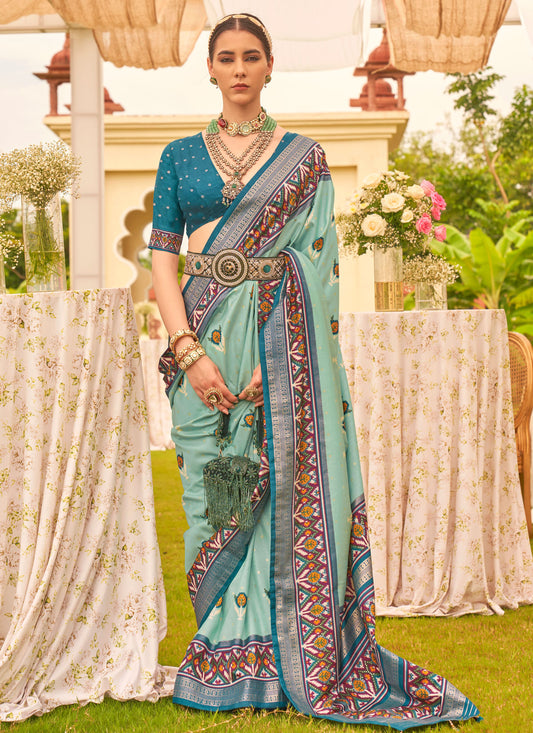 Silk Blend Trendy Saree With Woven Work For Women In Aqua Blue
