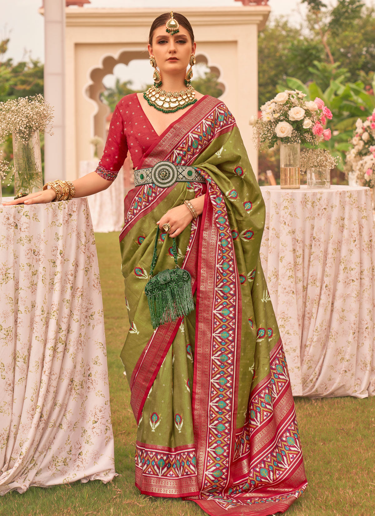 Woven Work Silk Blend Traditional Saree In Olive For Women