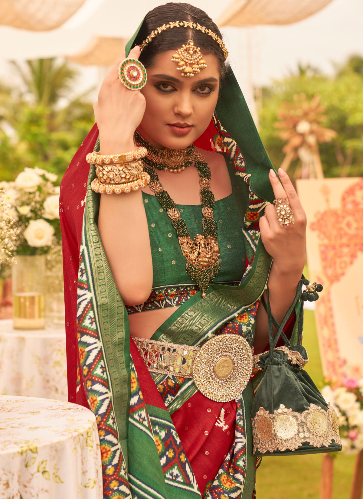 Red Silk Blend Traditional Saree With Woven Work For Ceremonial