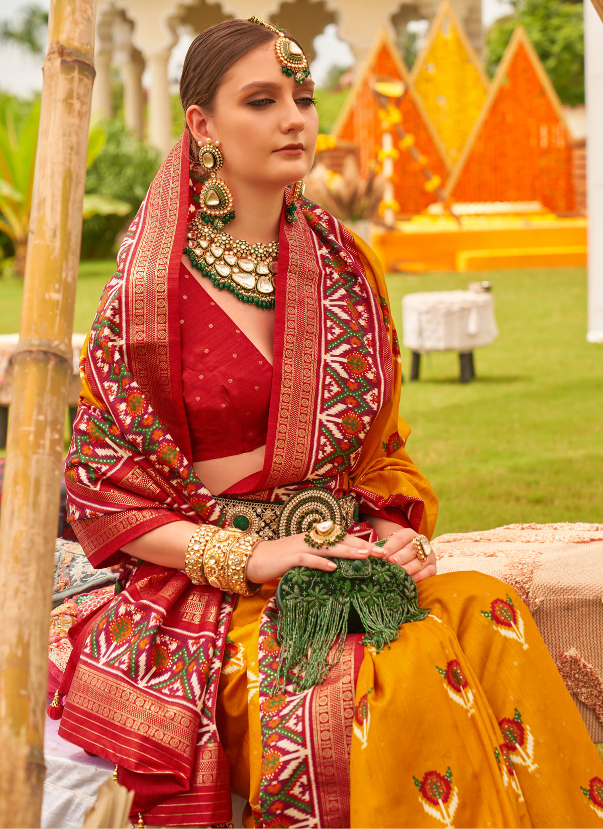 Silk Blend Traditional Saree With Woven And Print Work In Orange