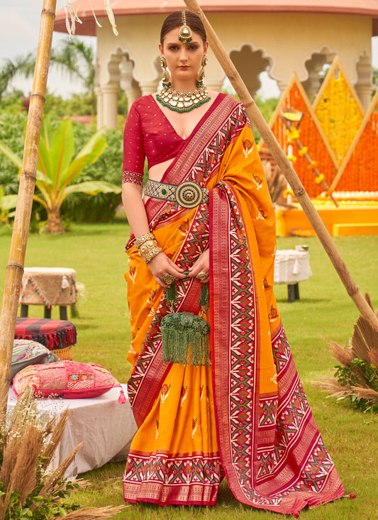 Silk Blend Traditional Saree With Woven And Print Work In Orange