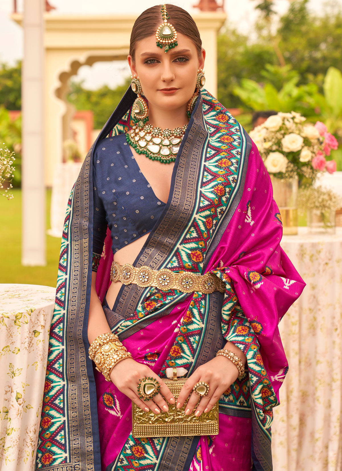 Silk Blend Classic Saree In Rose Pink With Woven Work For Women