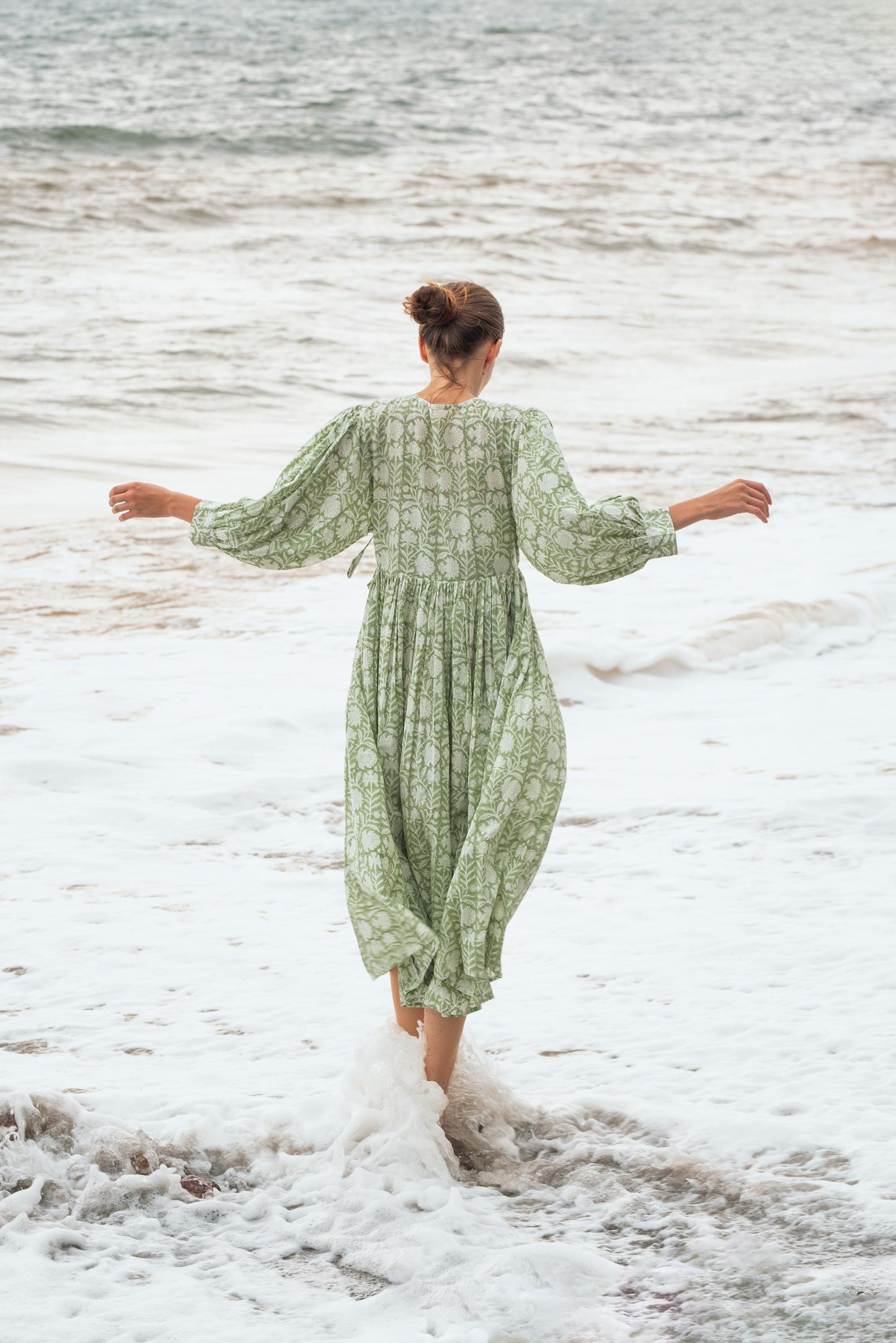 Sage Green Block Printed Summer Holiday Festive Dress Floral Cotton Bohemian Sundress Women Long Maxi Midi Women Dress Gift For Loved Wife