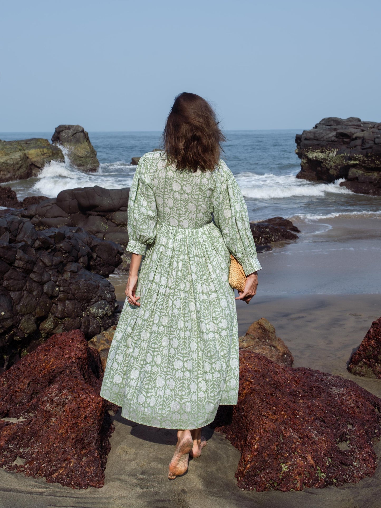 Sage Green Block Printed Summer Holiday Festive Dress Floral Cotton Bohemian Sundress Women Long Maxi Midi Women Dress Gift For Loved Wife