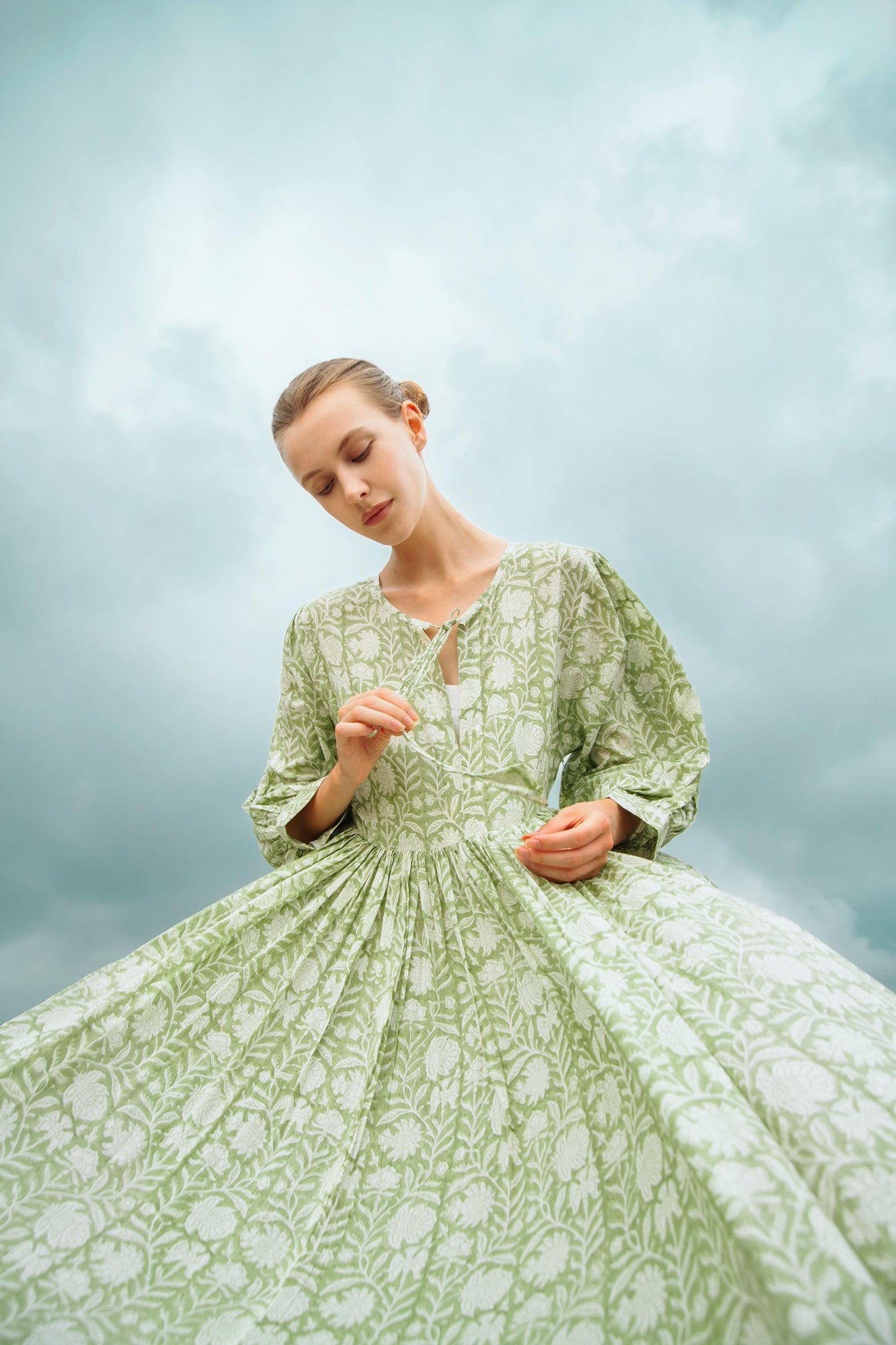 Sage Green Block Printed Summer Holiday Festive Dress Floral Cotton Bohemian Sundress Women Long Maxi Midi Women Dress Gift For Loved Wife