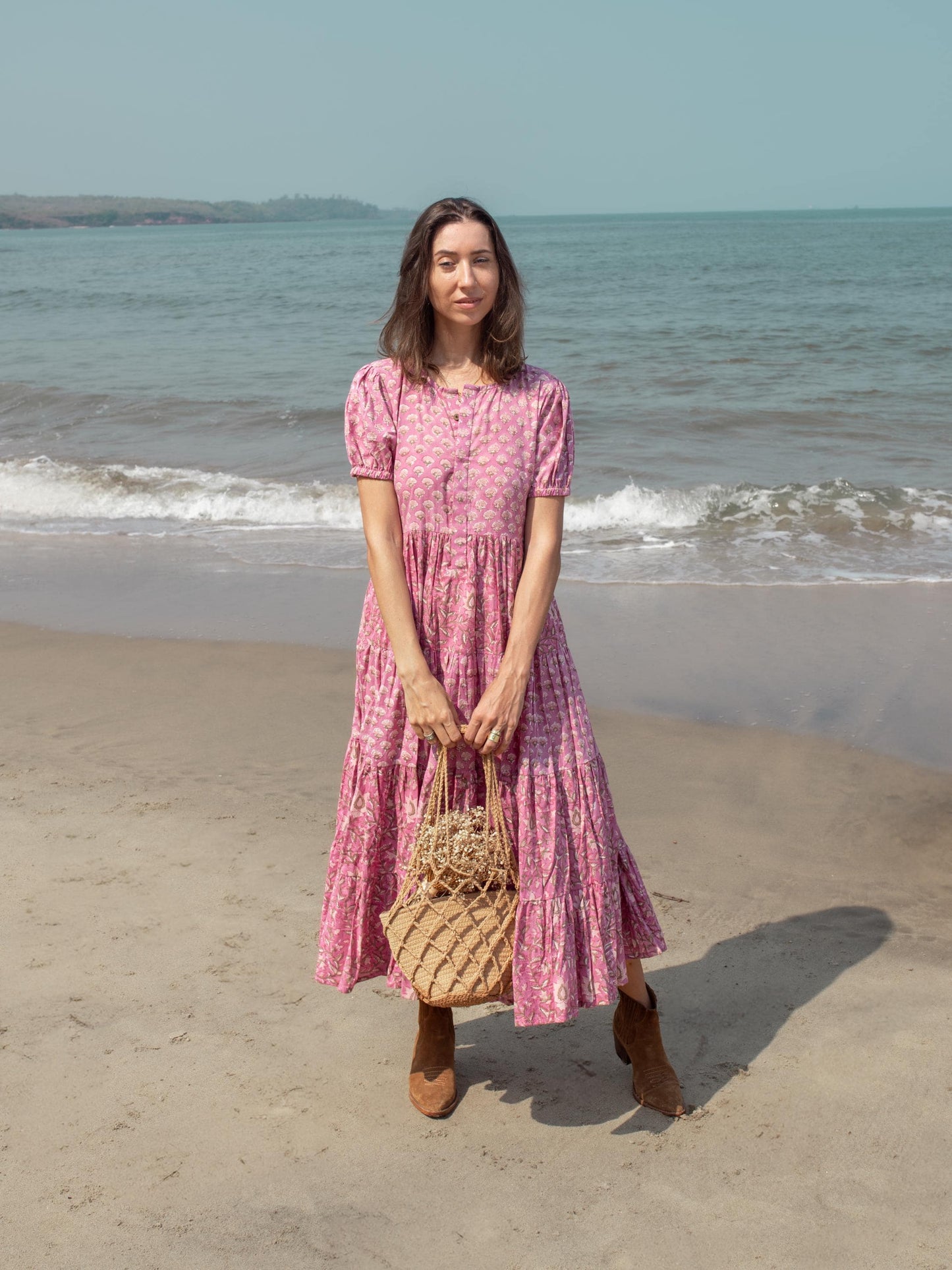 Pink Purple Block print dress, Women dress, Cotton dress Summer Dress, floral boho Beach dress, Vacation Bohemian Long Maxi Button Dress