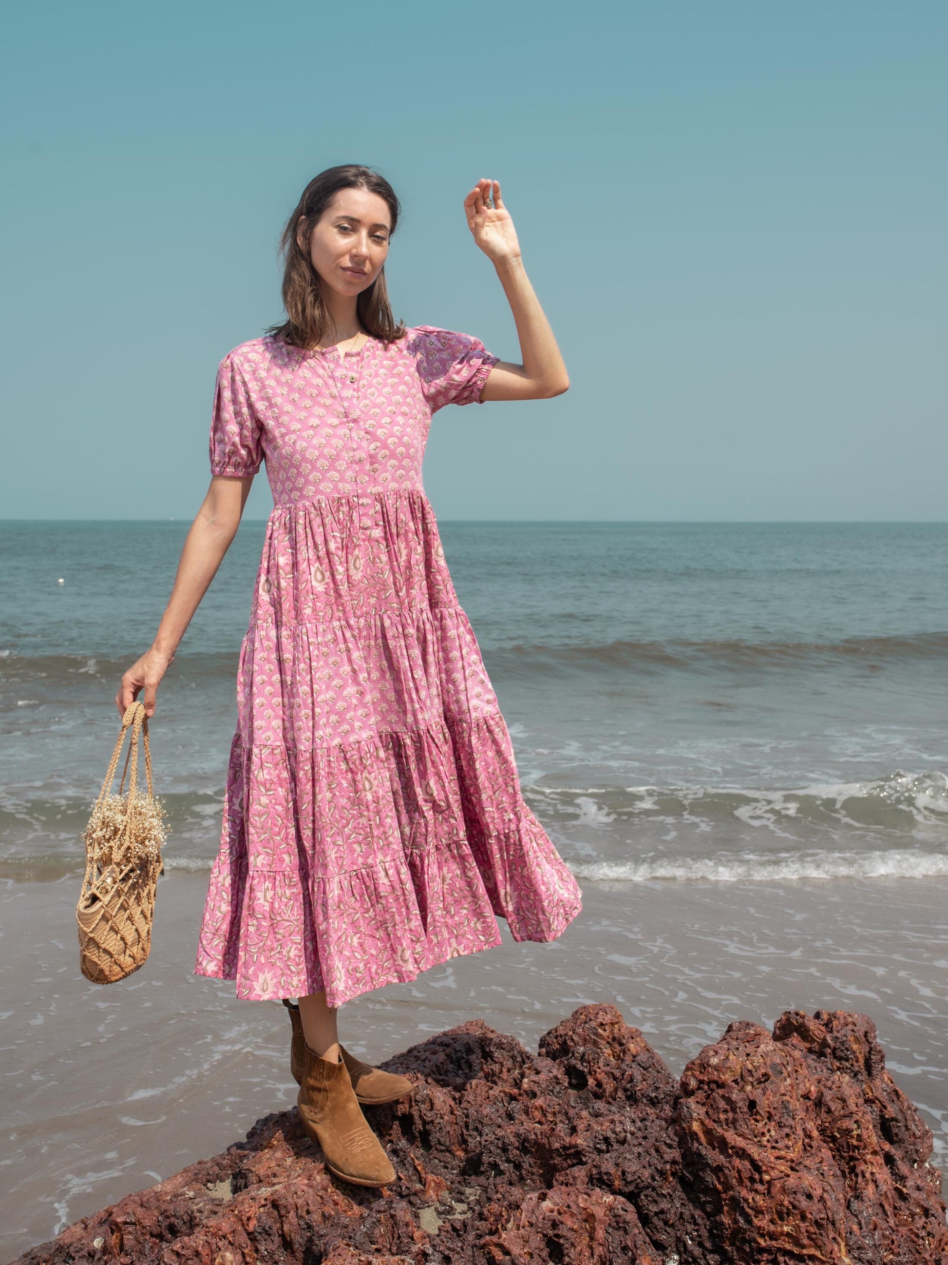 Pink Purple Block print dress, Women dress, Cotton dress Summer Dress, floral boho Beach dress, Vacation Bohemian Long Maxi Button Dress
