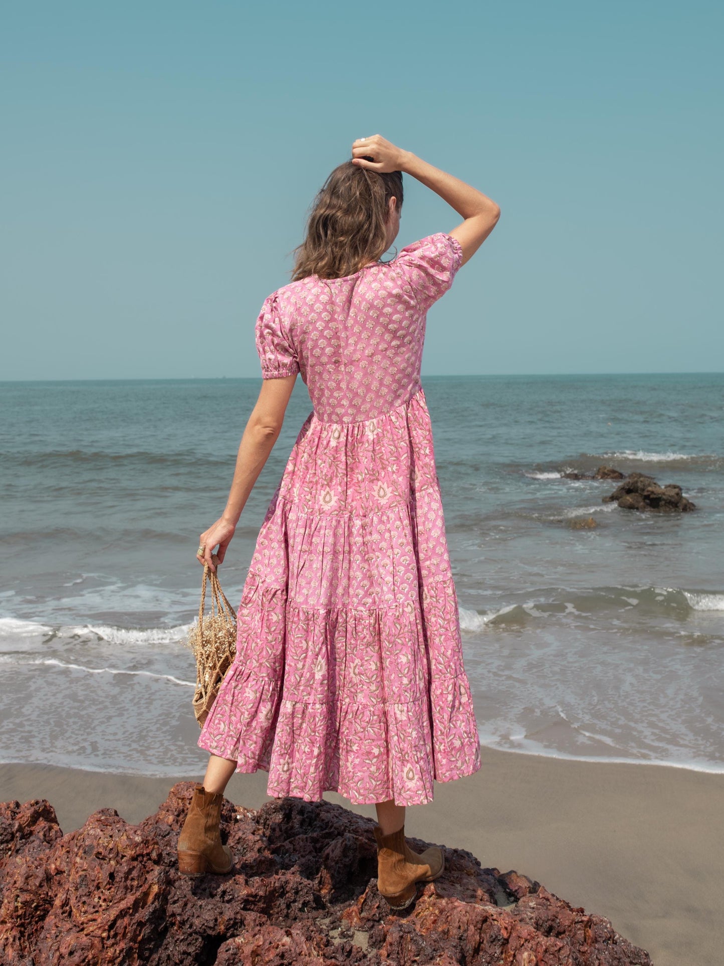 Pink Purple Block print dress, Women dress, Cotton dress Summer Dress, floral boho Beach dress, Vacation Bohemian Long Maxi Button Dress