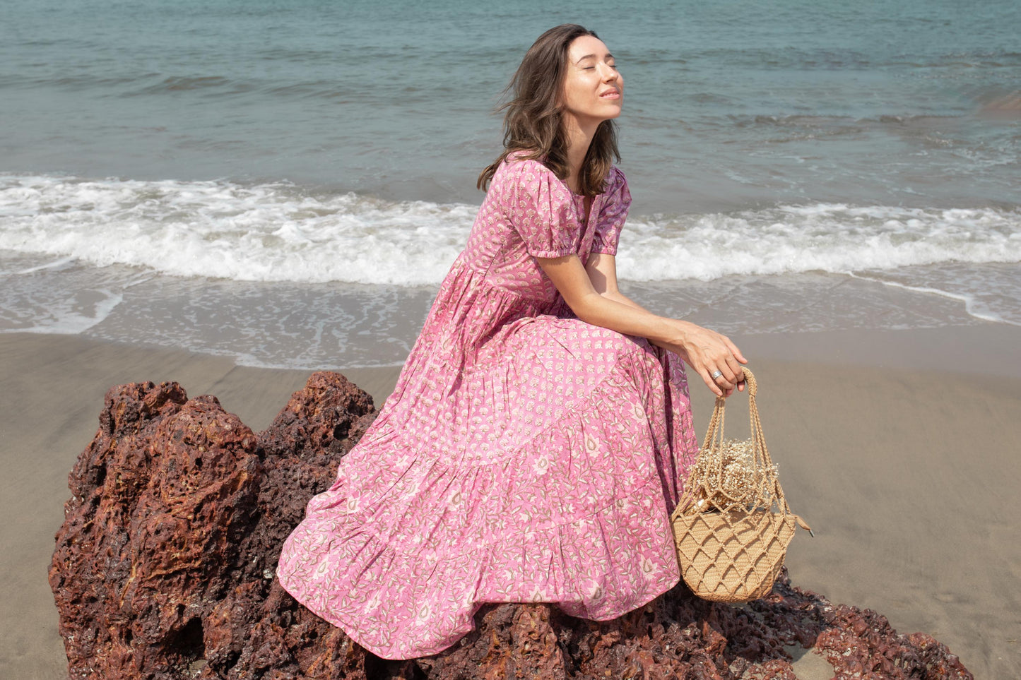 Pink Purple Block print dress, Women dress, Cotton dress Summer Dress, floral boho Beach dress, Vacation Bohemian Long Maxi Button Dress
